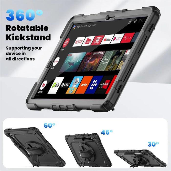 For Samsung Galaxy Tab S9 FE+ SM-X610 SM-X616B PC+Silicone Tablet Cover with Kickstand - Black+Black - 6