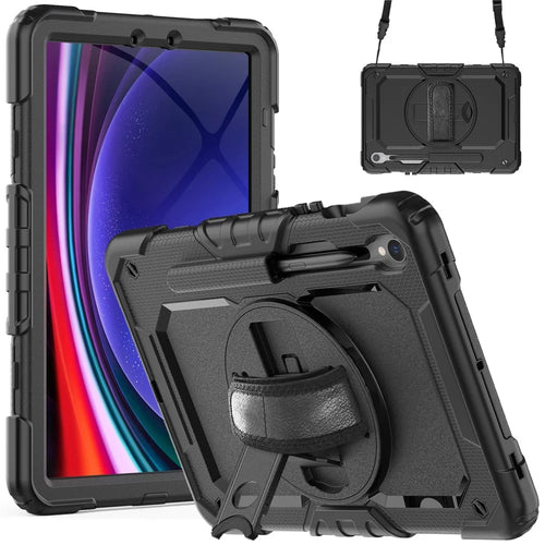 For Samsung Galaxy Tab S10 Lite / S10 FE / S9 FE SM-X510 SM-X516B PC+Silicone Kickstand Tablet Cover with Hand Strap - Black+Black - 1
