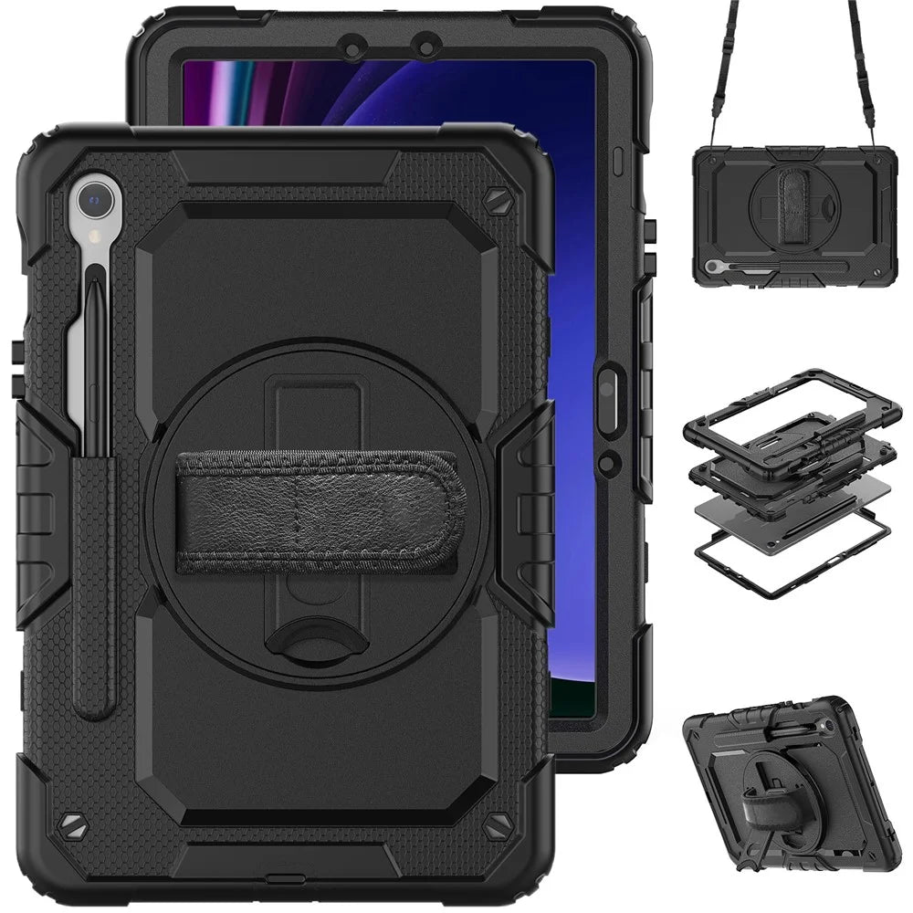 For Samsung Galaxy Tab S10 Lite / S10 FE / S9 FE SM-X510 SM-X516B PC+Silicone Kickstand Tablet Cover with Hand Strap - Black+Black - 2