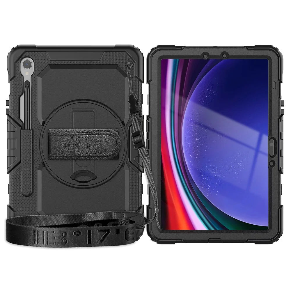 For Samsung Galaxy Tab S10 Lite / S10 FE / S9 FE SM-X510 SM-X516B PC+Silicone Kickstand Tablet Cover with Hand Strap - Black+Black - 3