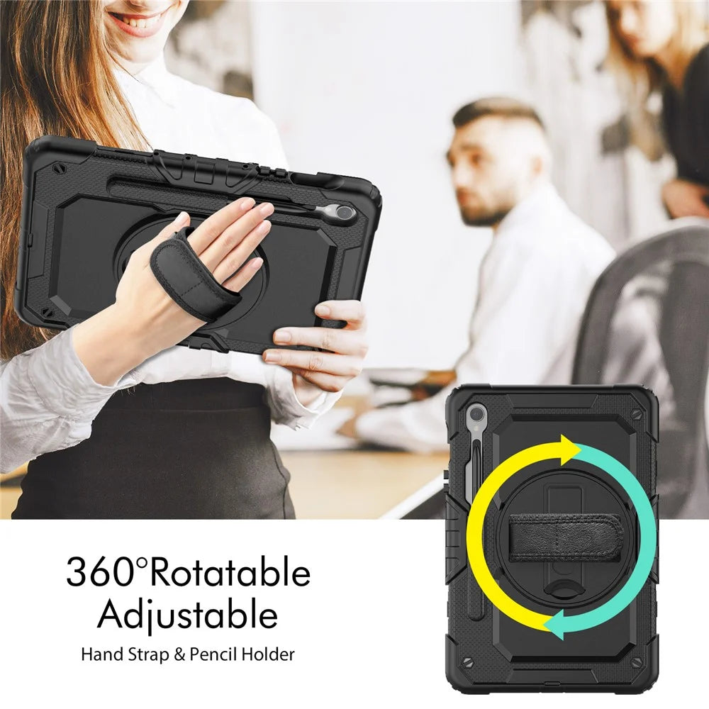 For Samsung Galaxy Tab S10 Lite / S10 FE / S9 FE SM-X510 SM-X516B PC+Silicone Kickstand Tablet Cover with Hand Strap - Black+Black - 4