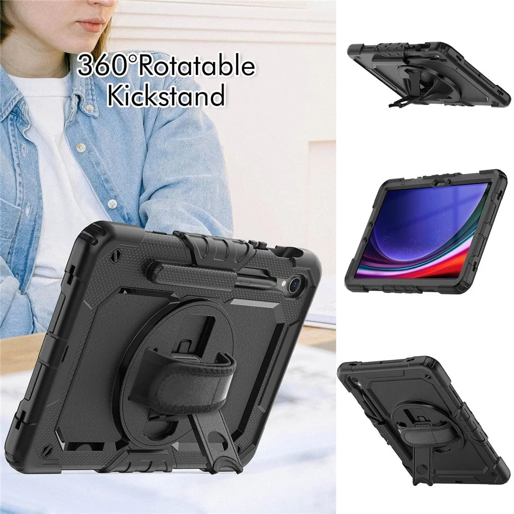 For Samsung Galaxy Tab S10 Lite / S10 FE / S9 FE SM-X510 SM-X516B PC+Silicone Kickstand Tablet Cover with Hand Strap - Black+Black - 5