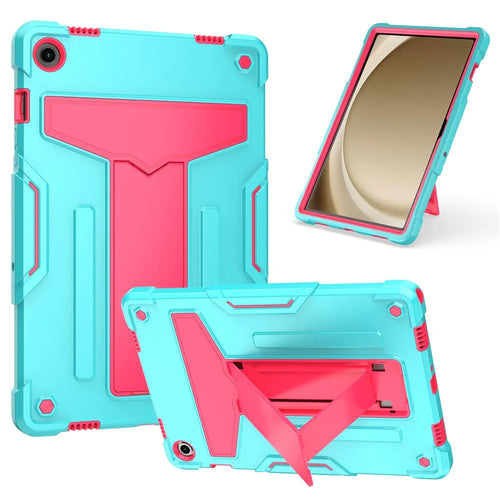 For Samsung Galaxy Tab A9+ Shockproof  Case T-Shaped Kickstand Tablet Cover - Mint Green / Rose - 1