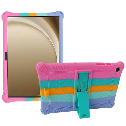 For Samsung Galaxy Tab A9+ X210 / X215 / X216 Silicone Case Retro Texture Kickstand Tablet Cover - Colorful Pink - 1