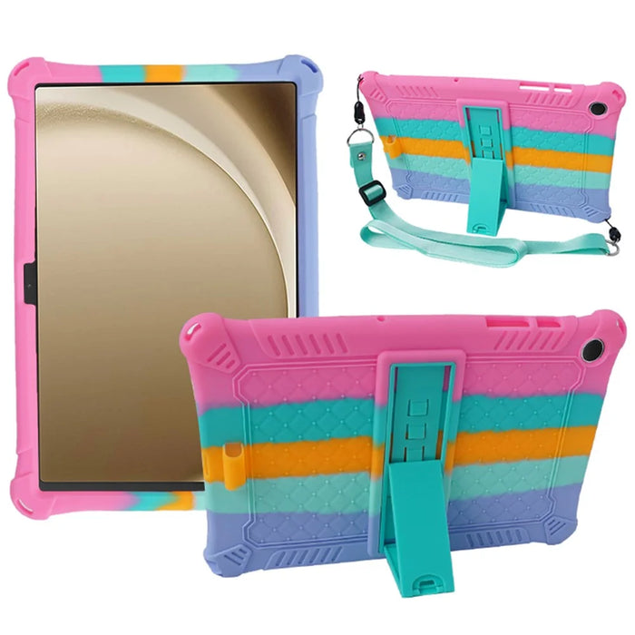 For Samsung Galaxy Tab A9+ X210 / X215 / X216 Silicone Case Kickstand Tablet Cover with Lanyard - Colorful Pink - 1