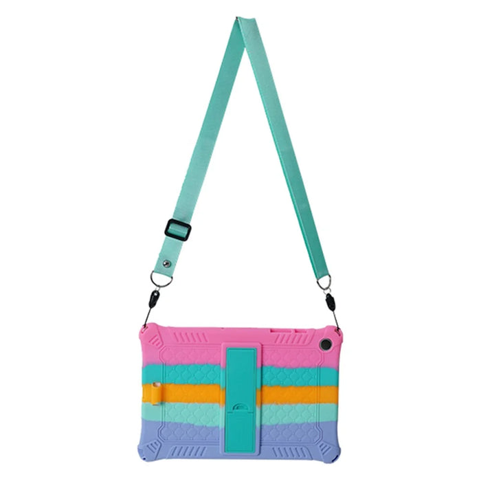For Samsung Galaxy Tab A9+ X210 / X215 / X216 Silicone Case Kickstand Tablet Cover with Lanyard - Colorful Pink - 3