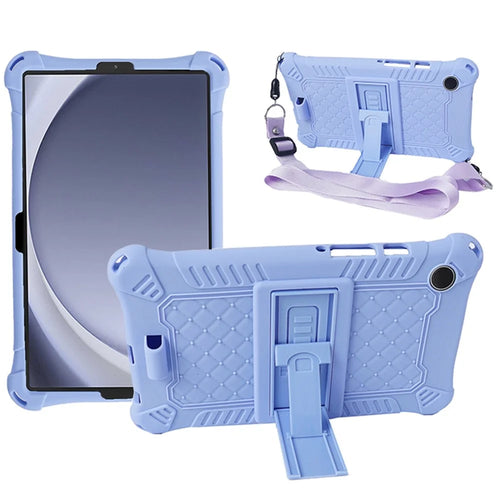 For Samsung Galaxy Tab A9 Retro Texture Silicone Case Kickstand Tablet Cover with Shoulder Strap - Light Purple - 1