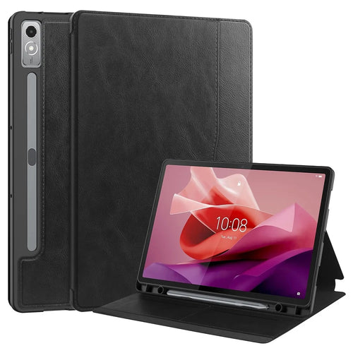 For Lenovo Tab P12 Stand Protective Cover PU Leather Wallet Tablet Case with Pencil Holder - Black - 1