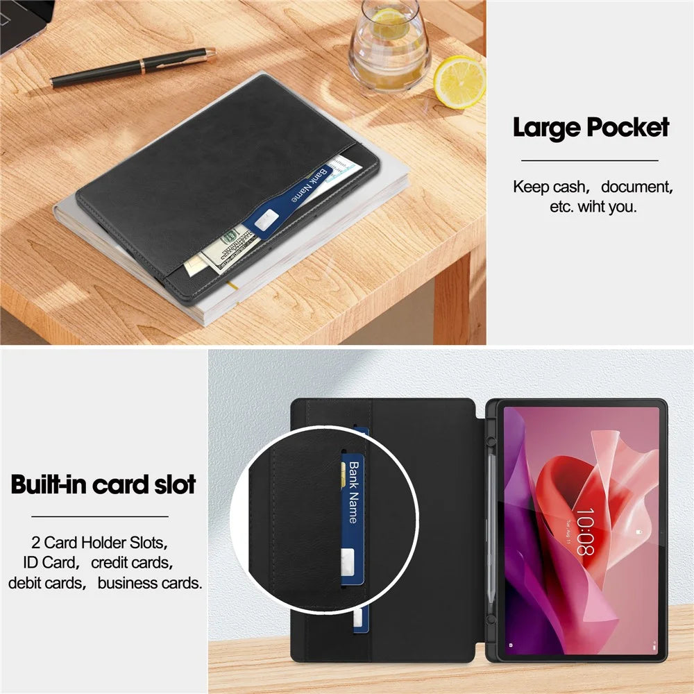 For Lenovo Tab P12 Stand Protective Cover PU Leather Wallet Tablet Case with Pencil Holder - Black - 3