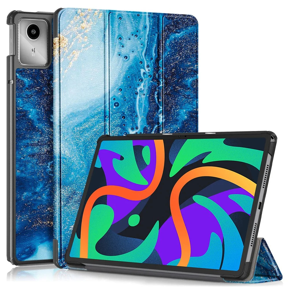 For Lenovo Tab M11 / Xiaoxin Pad 11 2024 Trifold Stand Cover Pattern PU Leather Auto Sleep Wake Tablet Case - Wave - 1