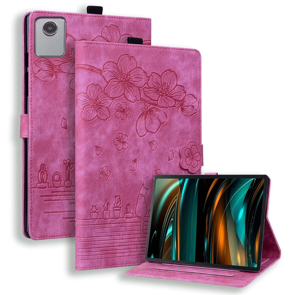 For Lenovo Tab M11 / Xiaoxin Pad 11 2024 Tablet Case Flower Cat Imprint Folio PU Leather Cover - Rose - 1