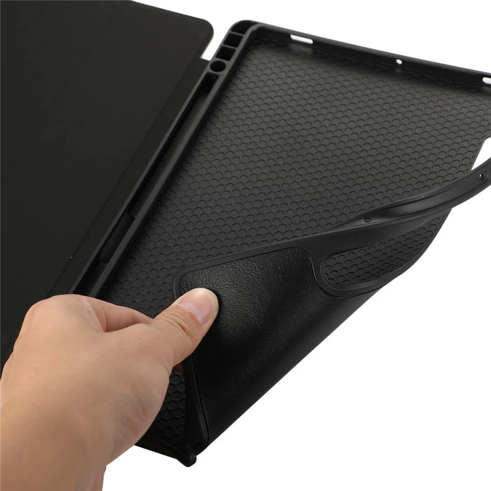 For Samsung Galaxy Tab S9 / S10 Lite / S10 FE / S9 FE Tablet Case Tri-Fold Stand Solid Color Shockproof PU Cover with Pencil Slot - Black - 5
