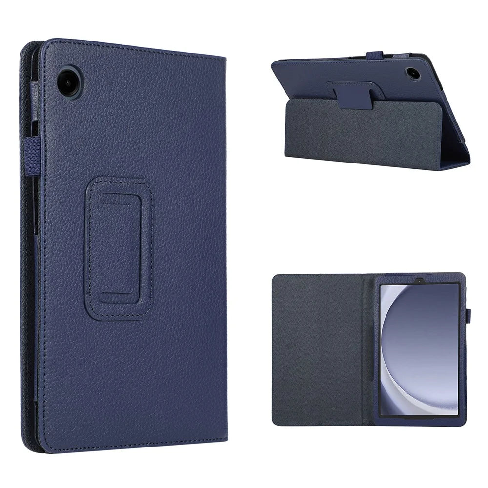 For Samsung Galaxy Tab A11 / A9 Tablet Case Litchi Texture PU Leather Bi-fold Stand Cover - Dark Blue - 1