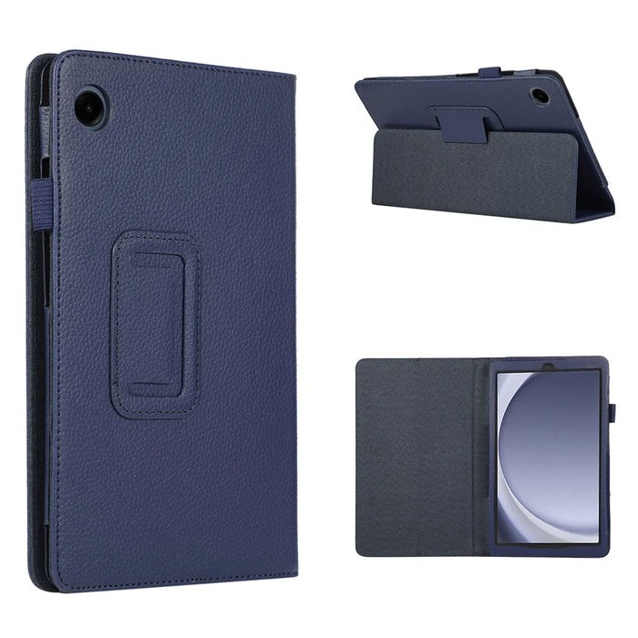 For Samsung Galaxy Tab A11 / A9 Tablet Case Litchi Texture PU Leather Bi-fold Stand Cover - Dark Blue - 1