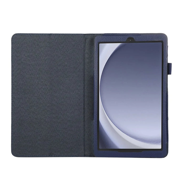 For Samsung Galaxy Tab A11 / A9 Tablet Case Litchi Texture PU Leather Bi-fold Stand Cover - Dark Blue - 3