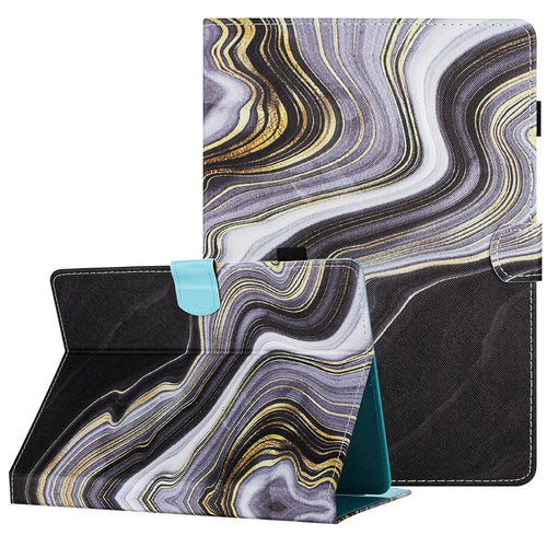 Universal Case for 10-inch Tablet, PU Leather Pattern Stand Folio Protective Cover - Black+Gold Marble - 1