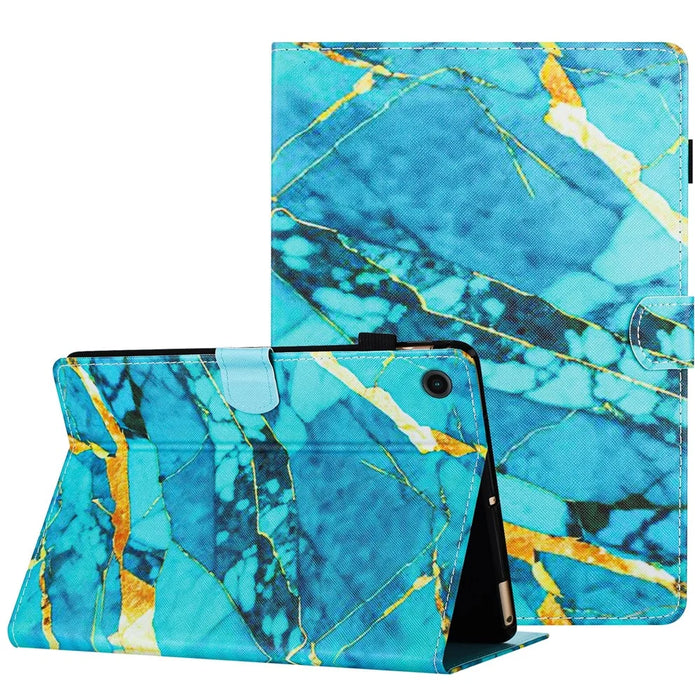 For Lenovo M10 Plus X606F Pattern Folio Cover PU Leather Stand Tablet Case - Gold+Blue Marble - 1