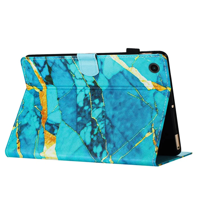 For Lenovo M10 Plus X606F Pattern Folio Cover PU Leather Stand Tablet Case - Gold+Blue Marble - 4