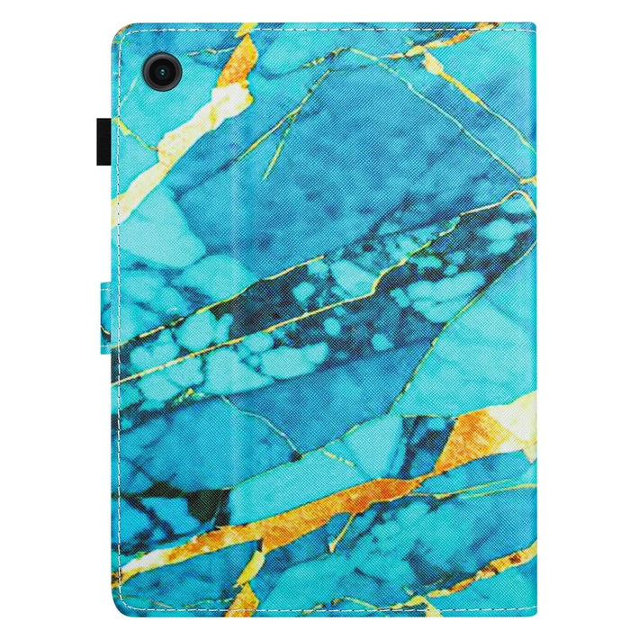 For Lenovo M10 Plus X606F Pattern Folio Cover PU Leather Stand Tablet Case - Gold+Blue Marble - 7