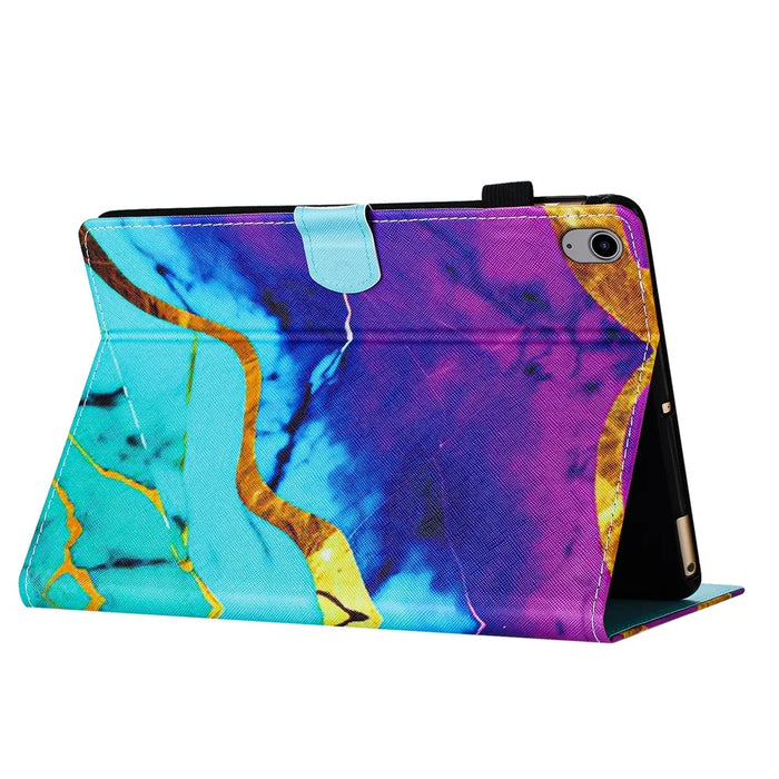 For iPad (2025) / 10.9 (2022) Folding Stand Cover PU Leather Pattern Printed Tablet Case - Purple+Blue Marble - 4