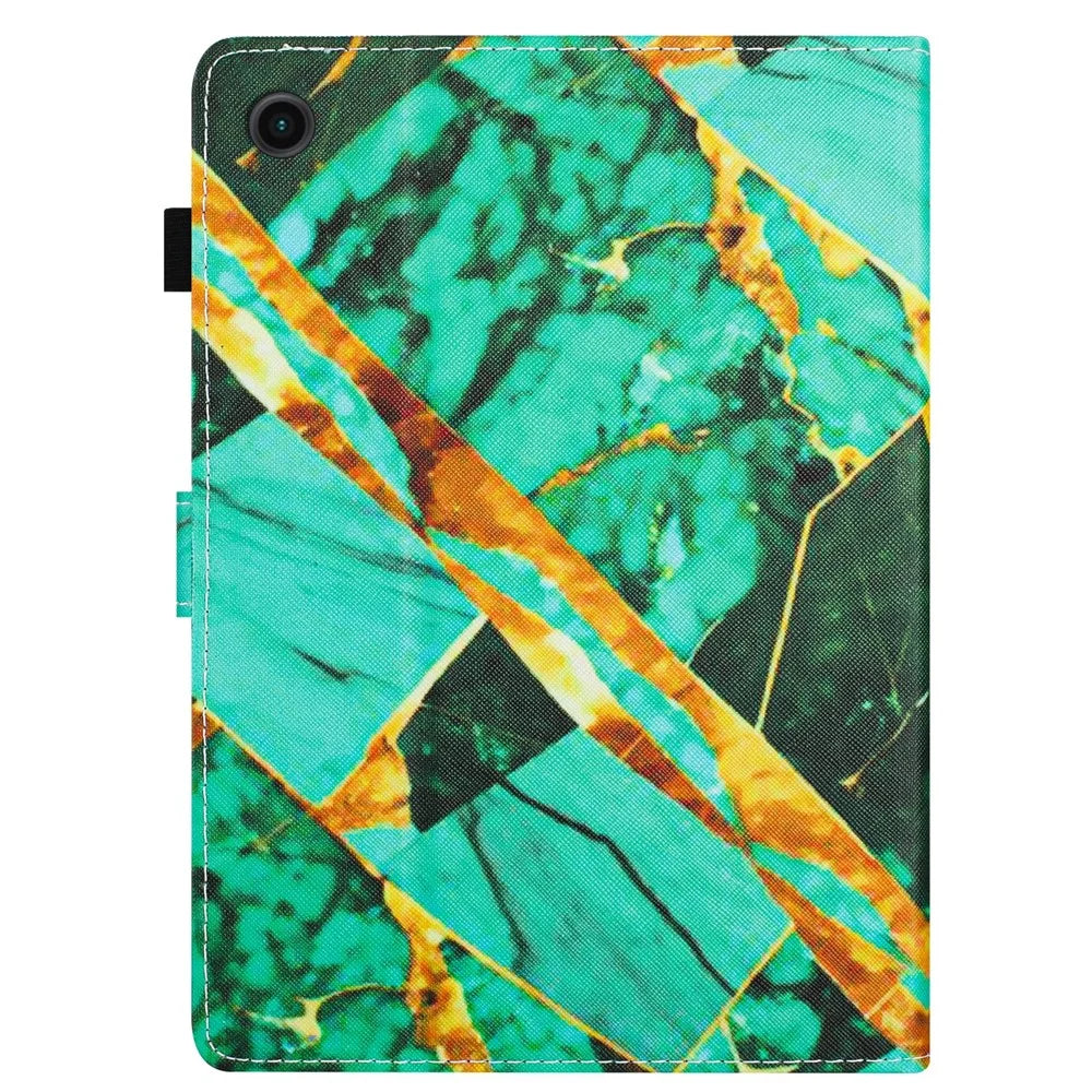 For Samsung Galaxy Tab A9+ Pattern Case PU Leather Stand Folio Smart Cover - Gold+Green Marble - 7