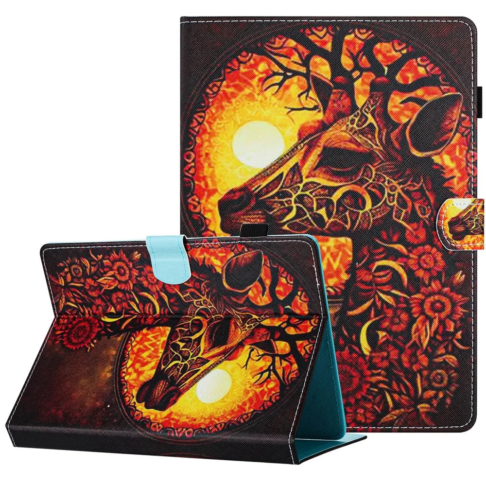 Universal 10-inch Tablet Case Pattern Printed Protective Folio Leather Stand Cover - Flower Deer - 1