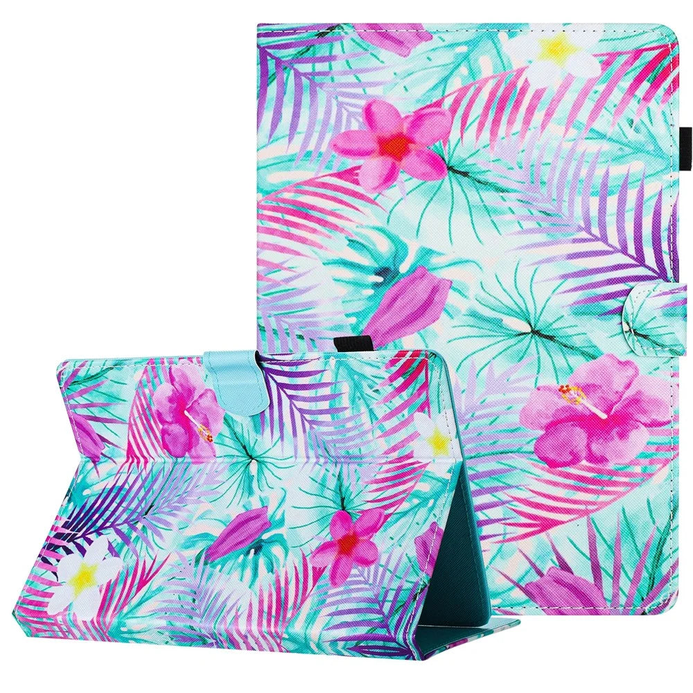 Universal 8-inch Tablet Case PU Leather Pattern Viewing Stand Cover - Leaves and Flowers - 1