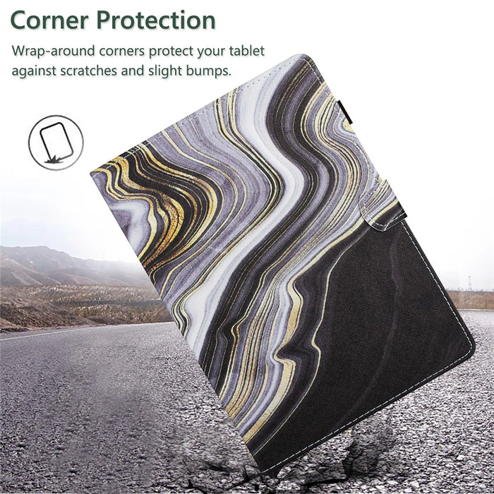 For Amazon Fire 7 (2022) Leather Smart Case Pattern Tablet Cover with Card Holder - Black+Gold Marble - 5
