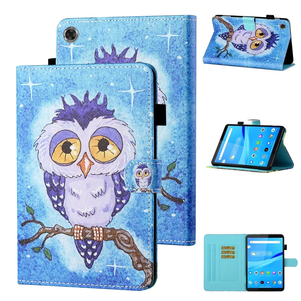 For Samsung Galaxy Tab A9 Case PU Leather Pattern Stand Folio Cover with Card Holder - Blue Owl - 1