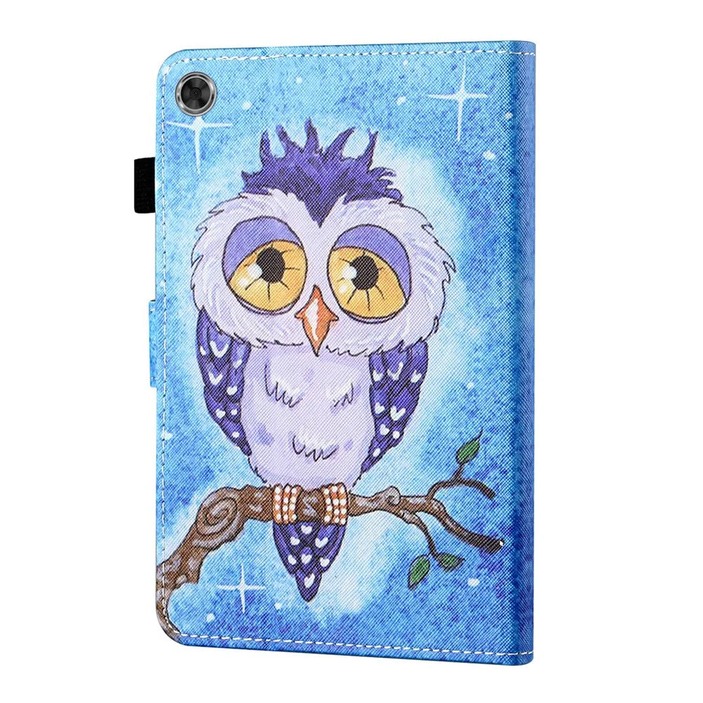 For Samsung Galaxy Tab A9 Case PU Leather Pattern Stand Folio Cover with Card Holder - Blue Owl - 7
