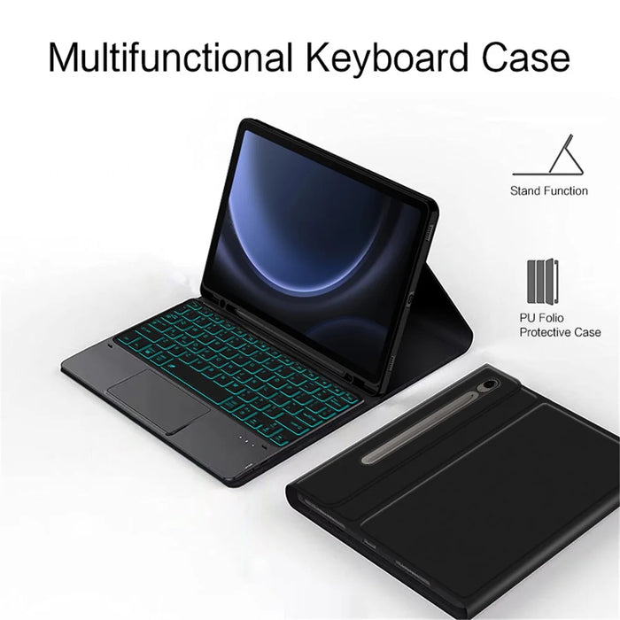 For Samsung Galaxy Tab S10 FE / S9 FE / S9 / S8 / S7 Backlight Touchpad Bluetooth-Compatible Keyboard with Pen Slot Leather Tablet Case - 3