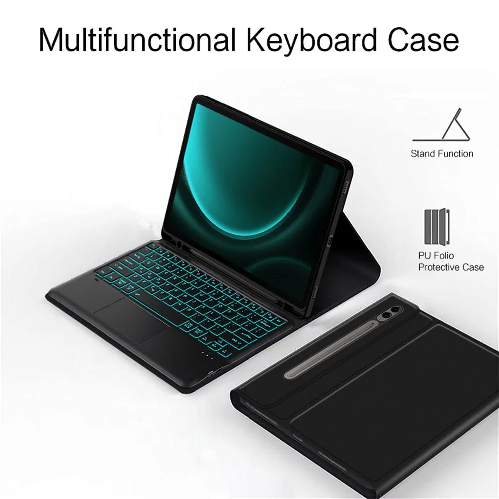 For Samsung Galaxy Tab S9 FE+ Backlight Touchpad Bluetooth-compatible Keyboard with Pen Slot Leather Tablet Case - 3