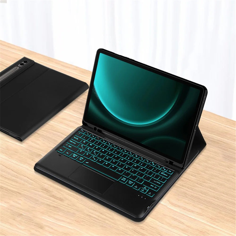For Samsung Galaxy Tab S9 FE+ Backlight Touchpad Bluetooth-compatible Keyboard with Pen Slot Leather Tablet Case - 7