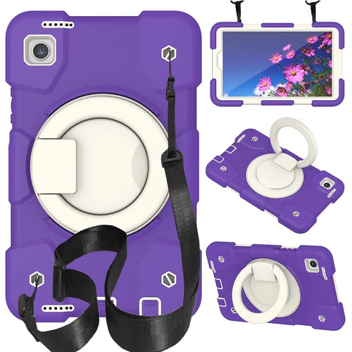 For Samsung Galaxy Tab A9 Case PC+Silicone Ring Kickstand Tablet Cover with Shoulder Strap -  Dark Purple - 1