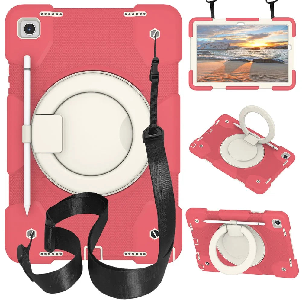 For Samsung Galaxy Tab A9+ Case Scratch-proof PC+Silicone Tablet Cover with Ring Kickstand - Begonia Red - 1