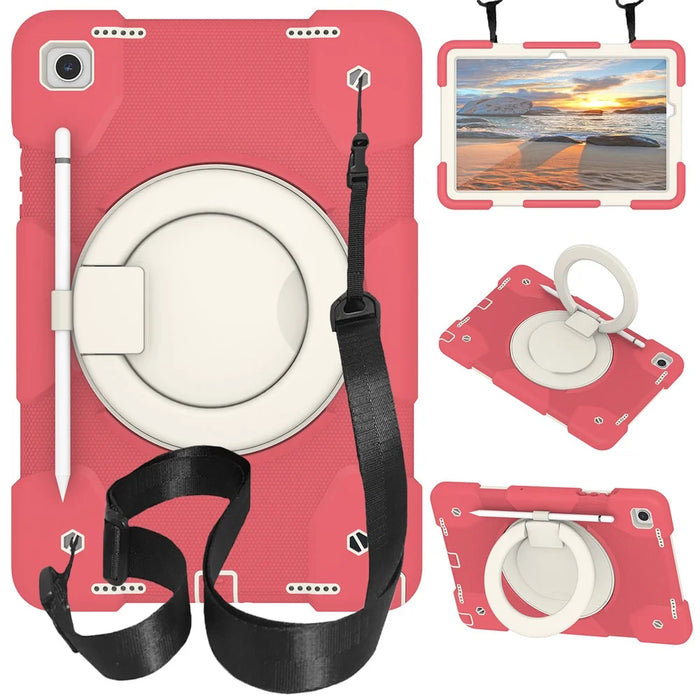 For Samsung Galaxy Tab A9+ Case Scratch-proof PC+Silicone Tablet Cover with Ring Kickstand - Begonia Red - 1