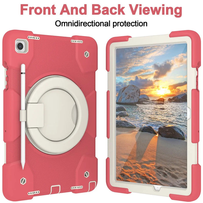 For Samsung Galaxy Tab A9+ Case Scratch-proof PC+Silicone Tablet Cover with Ring Kickstand - Begonia Red - 3