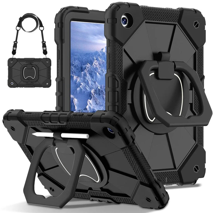 For Samsung Galaxy Tab A9+ Rugged Case Handle Kickstand Tablet Cover with Shoulder Strap - Black+Black - 1