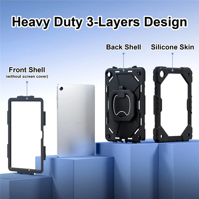 For Samsung Galaxy Tab A9+ Rugged Case Handle Kickstand Tablet Cover with Shoulder Strap - Black+Black - 2