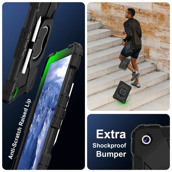 For Samsung Galaxy Tab A9+ Rugged Case Handle Kickstand Tablet Cover with Shoulder Strap - Black+Black - 3