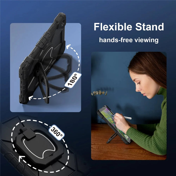 For Samsung Galaxy Tab A9+ Rugged Case Handle Kickstand Tablet Cover with Shoulder Strap - Black+Black - 4