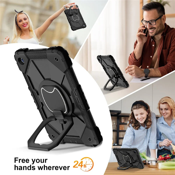 For Samsung Galaxy Tab A9+ Rugged Case Handle Kickstand Tablet Cover with Shoulder Strap - Black+Black - 7