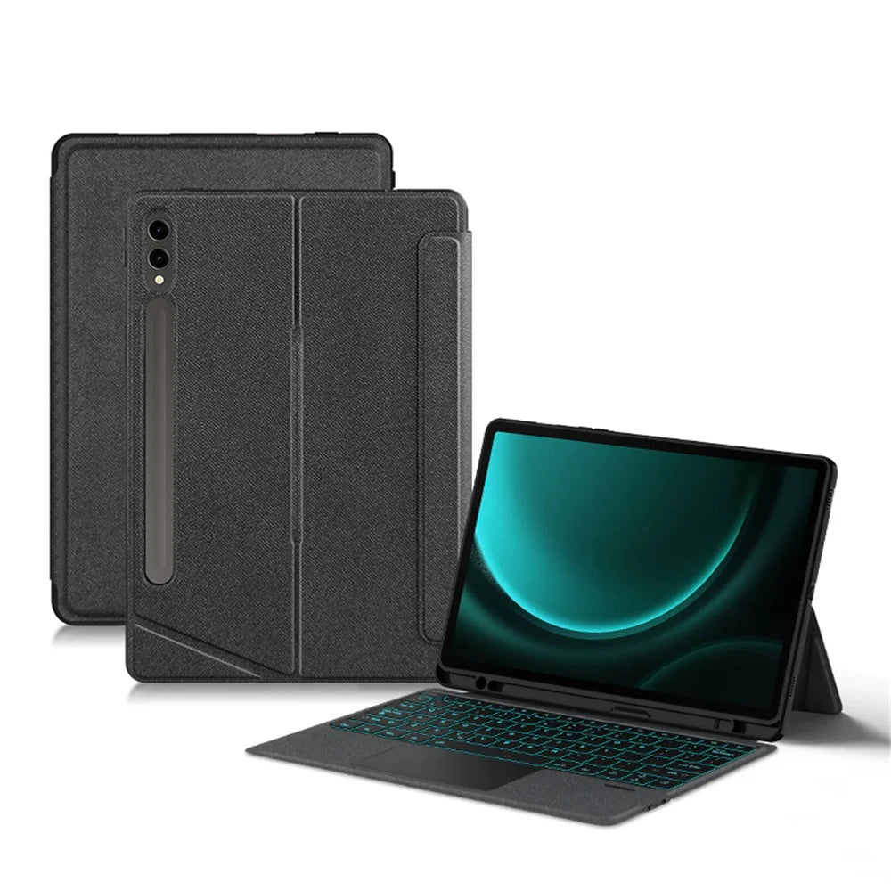 For Samsung Galaxy Tab S9 FE+ Leather Case + Bluetooth-compatible Keyboard with Backlight Trackpad - 1