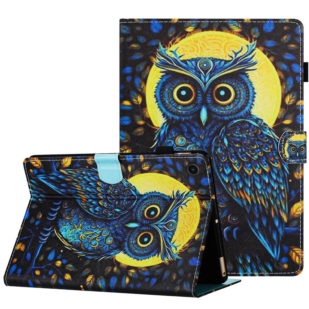 For Lenovo Tab M10 (Gen 3) Leather Folio Stand Cover Pattern Tablet Case with Card Holder - Moonlight Owl - 1