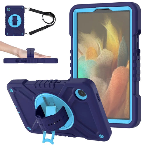 X-Shaped Series for Samsung Galaxy Tab A9 Protective Cover Kickstand Tablet Case with Shoulder Strap - Navy Blue+Sky Blue - 1