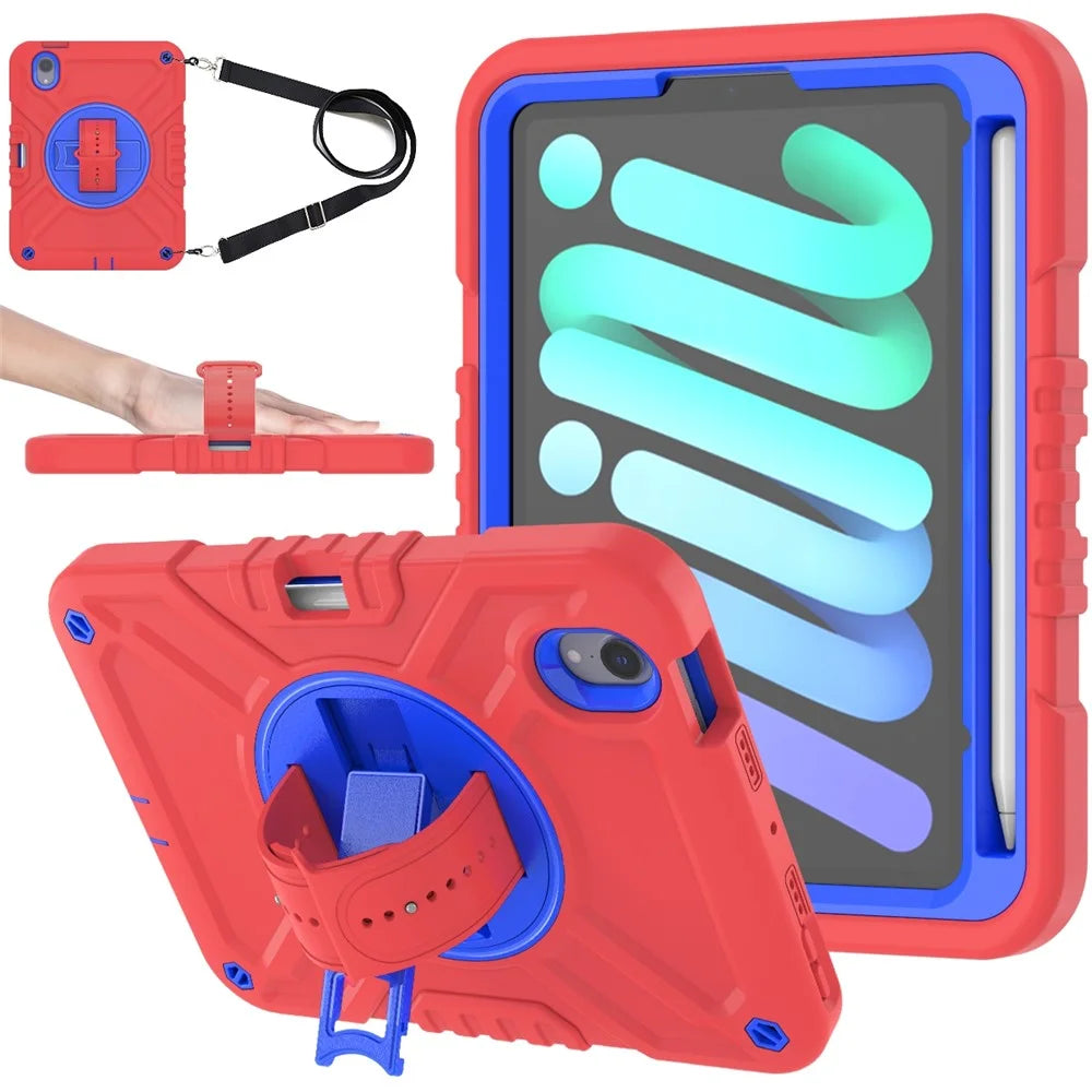 X-Shaped Series for iPad mini (2024) / mini (2021) Tablet Case Kickstand Rugged Cover with Shoulder Strap - Red+Blue - 1