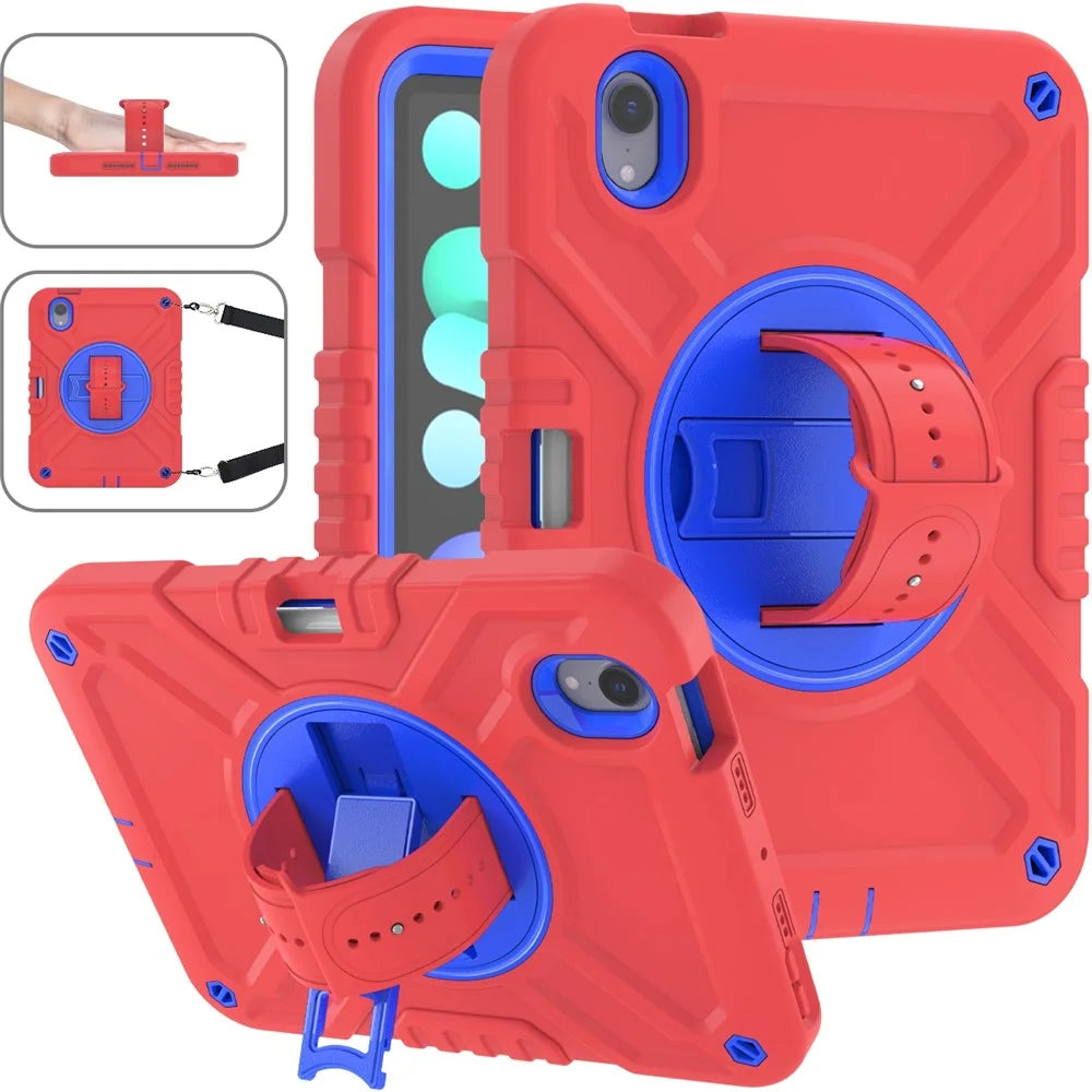 X-Shaped Series for iPad mini (2024) / mini (2021) Tablet Case Kickstand Rugged Cover with Shoulder Strap - Red+Blue - 2