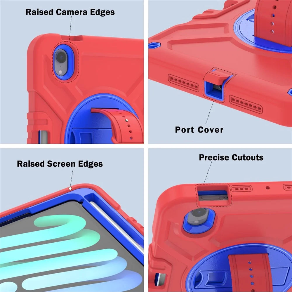 X-Shaped Series for iPad mini (2024) / mini (2021) Tablet Case Kickstand Rugged Cover with Shoulder Strap - Red+Blue - 6
