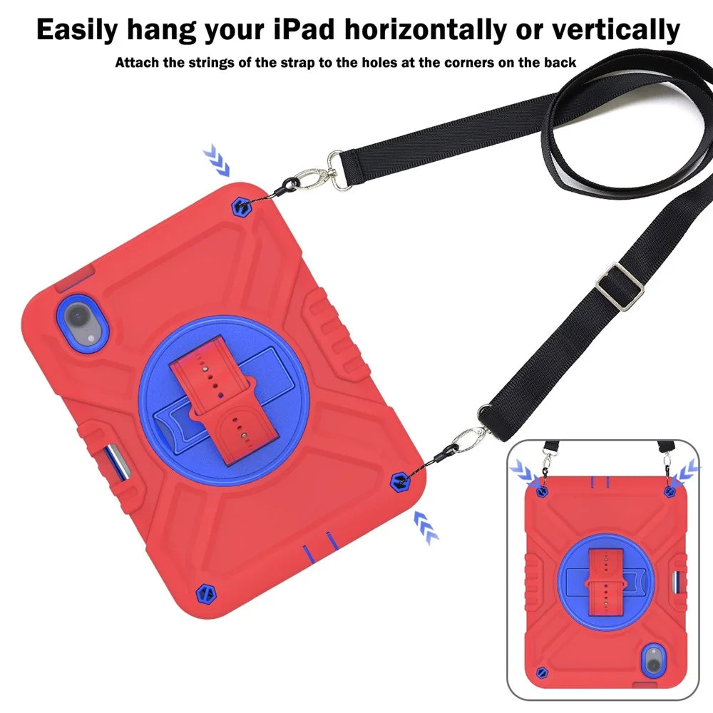 X-Shaped Series for iPad mini (2024) / mini (2021) Tablet Case Kickstand Rugged Cover with Shoulder Strap - Red+Blue - 7