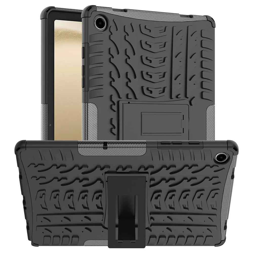 For Samsung Galaxy Tab A11+ / A9+ Tire Texture Case Shockproof TPU+PC Tablet Cover with Kickstand - Black - 1
